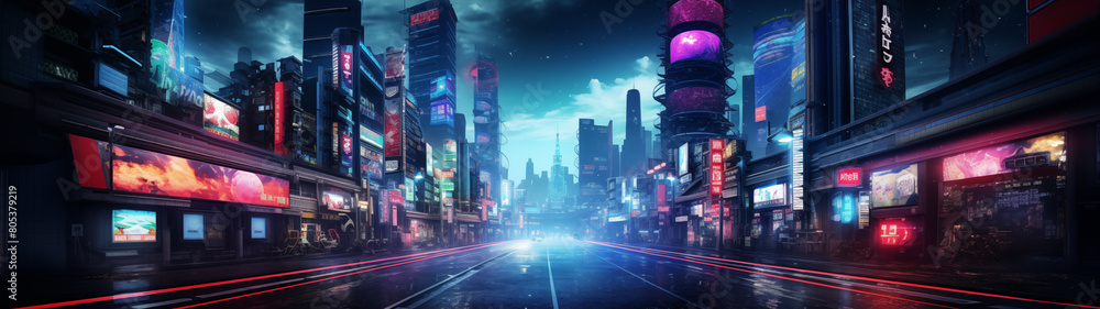 Futuristic Urban Scene with Pink and Blue Neon Lights