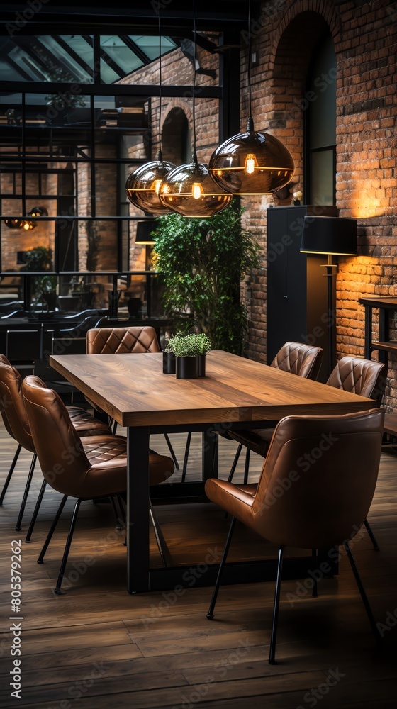 Industrial style meeting room with exposed brick walls, metal fixtures, and a robust wooden table Industrial style meeting room with exposed brick walls, metal fixtures, and a robust wooden table