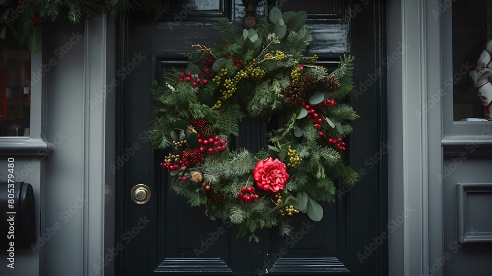 A festive wreath with red berries adorns a black door