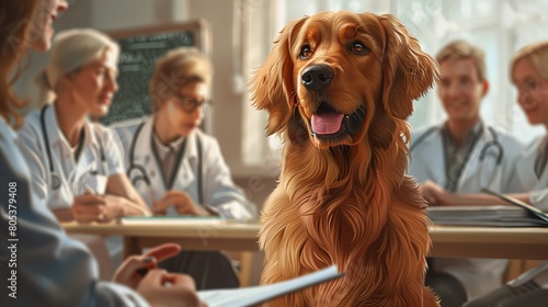 Educational setting of an animal health seminar, with experts discussing wellness strategies and preventive care, aimed at improving pet lives
