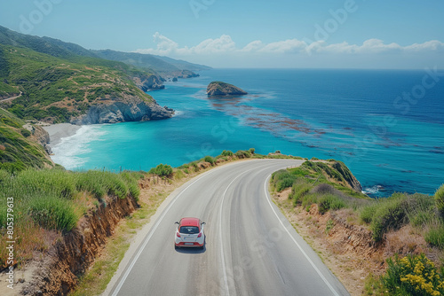 Coastal Drive: A serene scene of a woman cruising along a winding coastal road, with the shimmering sea stretching out beside her and a clear blue sky overhead.