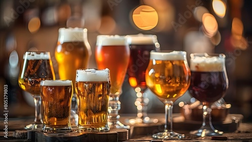 Blurred bar background with various chilled beers on table in glasses. Concept Bar setting, Blurred background, Chilled beers, Table glasses, Refreshing drinks