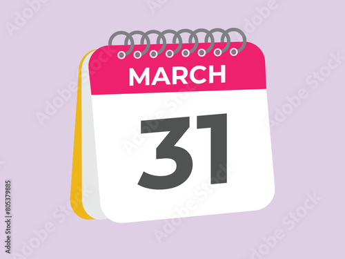 March 31 calendar reminder. 31 March daily calendar icon template. Calendar 31 March icon Design template. Vector illustration
