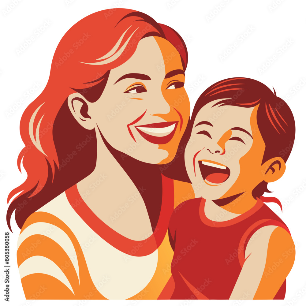 Minimal line art portrait of a Mom and child laughing together.Warm color palette Minimal line art portrait of a Mom and child laughing together.Warm color palette