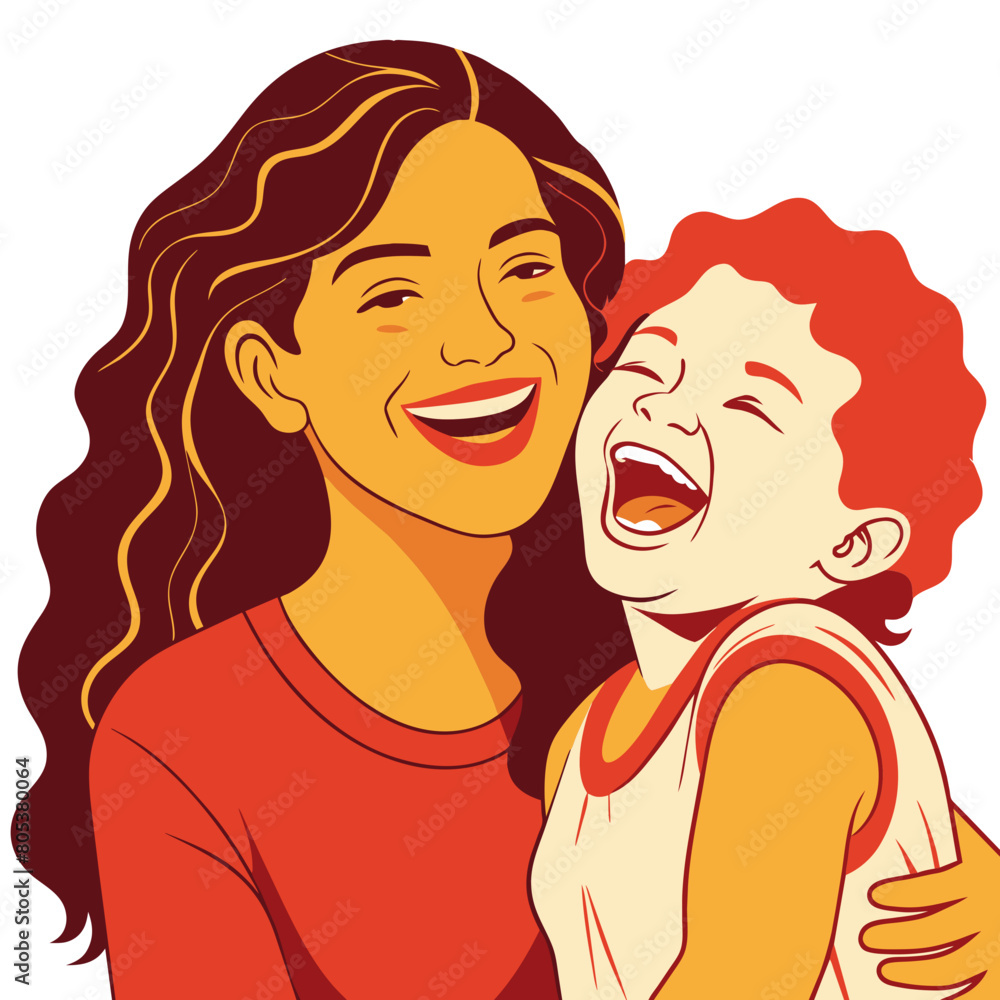 Minimal line art portrait of a Mom and child laughing together.Warm color palette Minimal line art portrait of a Mom and child laughing together.Warm color palette