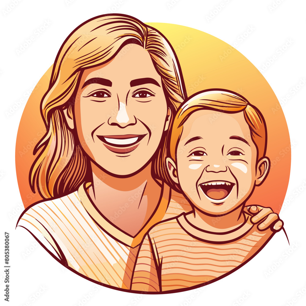 Minimal line art portrait of a Mom and child laughing together.Warm color palette Minimal line art portrait of a Mom and child laughing together.Warm color palette
