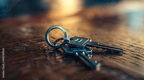 Keys on wooden table closeup. Buying new home car concept