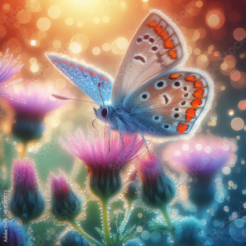 Generative AI view of beautiful butterflies perched on blooming flowers, beautiful flower views blooming in addition to beautiful butterflies, beautiful views of flower plants infested by butterflies © Riefdeigartz