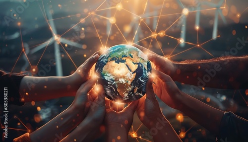 Global Unity for a Sustainable Future - Diverse Hands Holding Earth with Renewable Energy