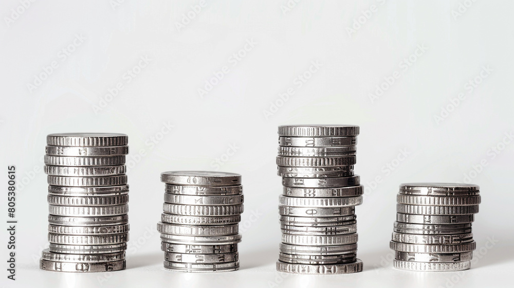 Silver Coins Stacked in Increasing Heights on White Background Silver Coins Stacked in Increasing Heights on White Background