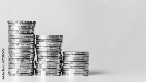 Silver Coin Stacks on White Background in Various Heights photo