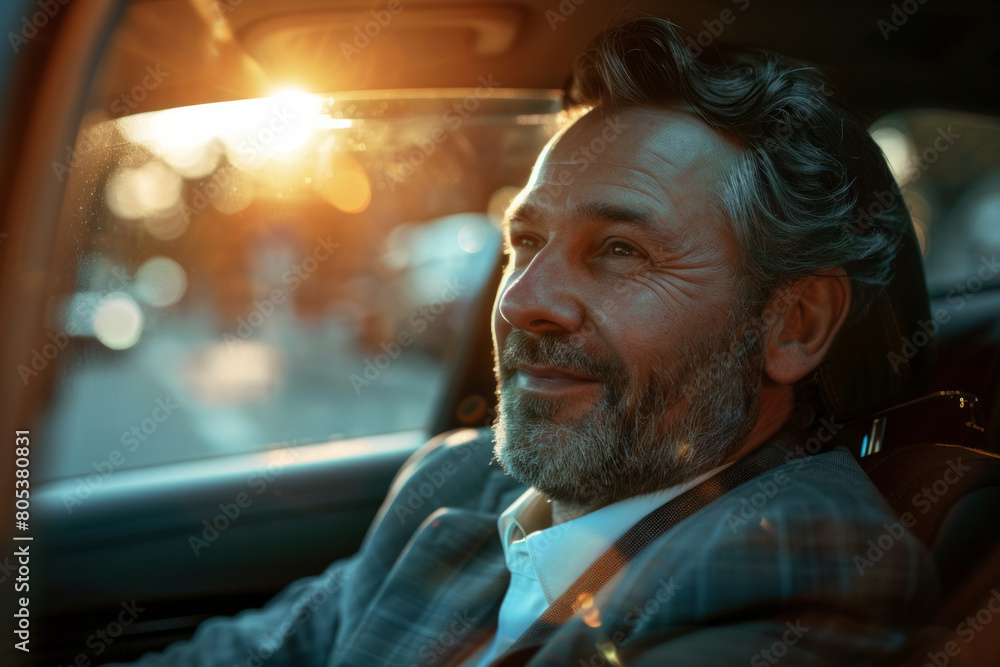 Portrait of a business executive man commuting to work sitting back seat of the car Portrait of a business executive man commuting to work sitting back seat of the car