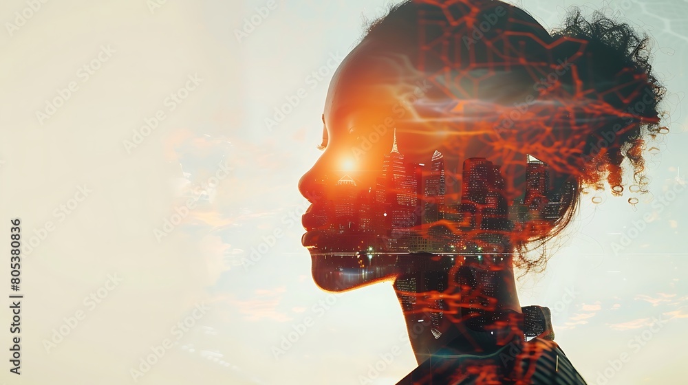 Double Exposure Portrait of a Woman Researching Scientist in AI Technology Double Exposure Portrait of a Woman Researching Scientist in AI Technology