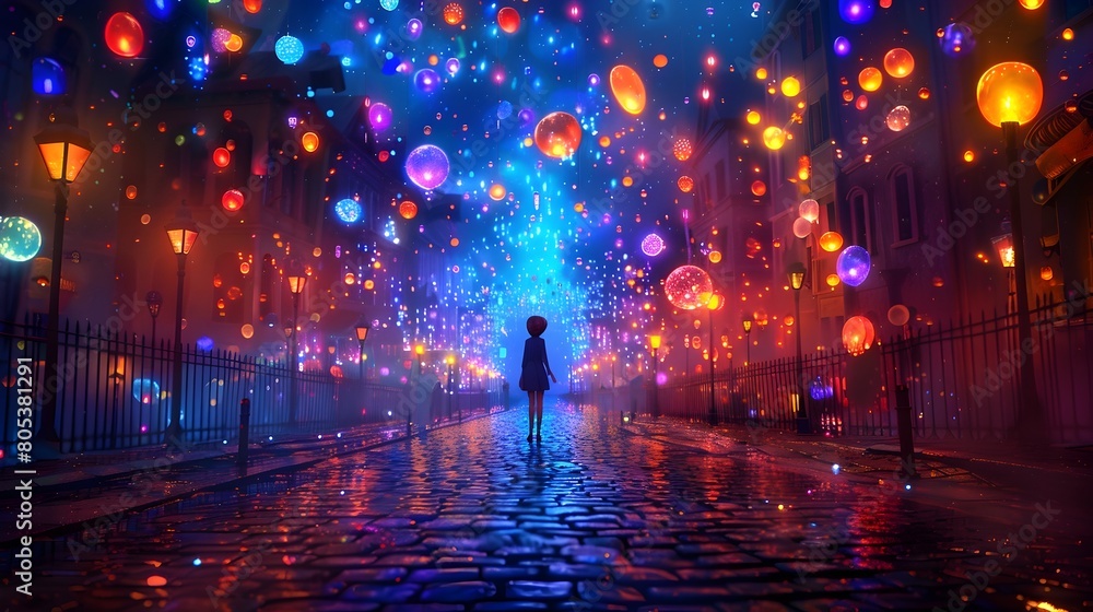 Enchanting Nighttime City Scene with Glowing Lanterns and Umbrellas in the Rain