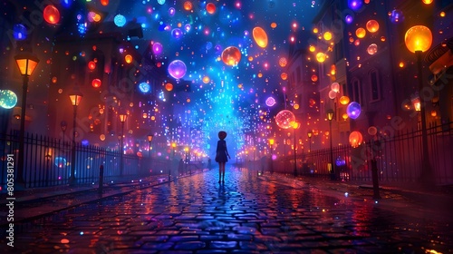 Enchanting Nighttime City Scene with Glowing Lanterns and Umbrellas in the Rain