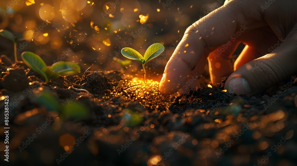Fototapeta premium Hand Planting a Seed in Fertile Soil, Watching it Grow into a Thriving Golden Tree Symbolizing Cash Value Accumulation