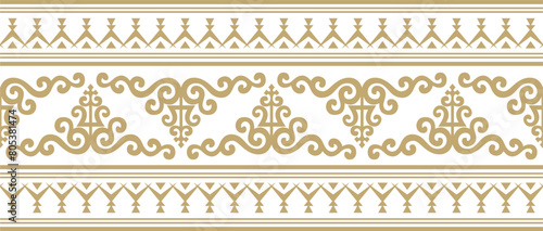 Vector golden seamless Yakut ornament. Endless border, frame of the northern peoples of the Far East.