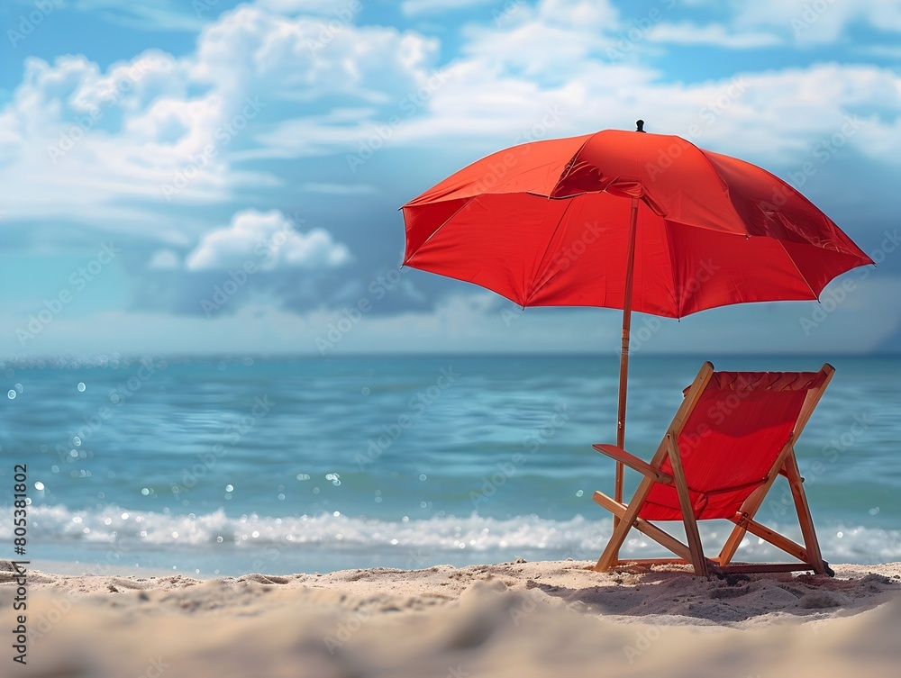 Peaceful Summer Vacation Retreat with Red Parasol and Beach Chair at Oceanfront Peaceful Summer Vacation Retreat with Red Parasol and Beach Chair at Oceanfront
