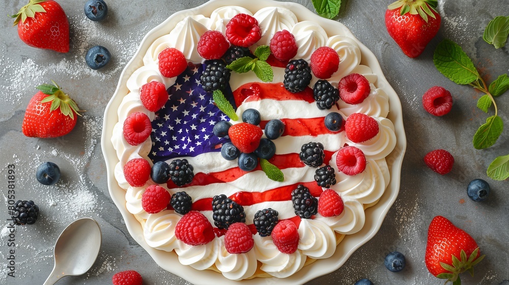 Elegant pavlova dessert adorned with fresh berries and mint, styled to resemble the American flag, perfect for festive celebrations. Elegant pavlova dessert adorned with fresh berries and mint, styled to resemble the American flag, perfect for festive celebrations.