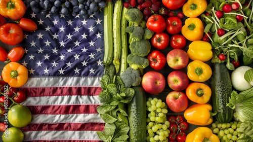 Fototapeta Naklejka Na Ścianę i Meble -  An assortment of fresh vegetables and fruits creatively displayed beside an American flag, symbolizing healthy patriotism.