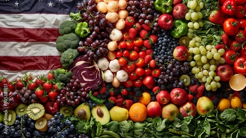 An assortment of fresh vegetables and fruits creatively displayed beside an American flag  symbolizing healthy patriotism.