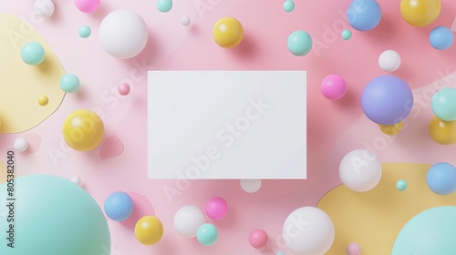 3d rendering of white blank card mockup with pastel color spheres flying around on light background