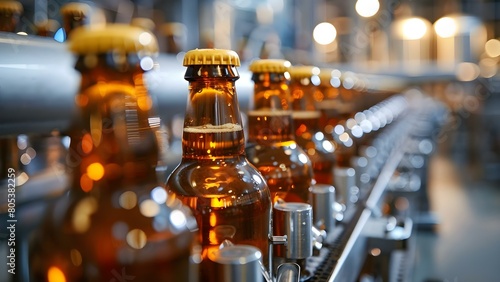 Modern beer bottling production line in brewery with blurred background selective focus. Concept Beer Bottling Process  Brewery Production  Modern Machinery  Selective Focus  Blurred Background