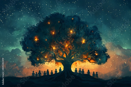 Surreal Designee Symbolism:Glowing Arrow Guiding Family Tree Towards Beneficiary