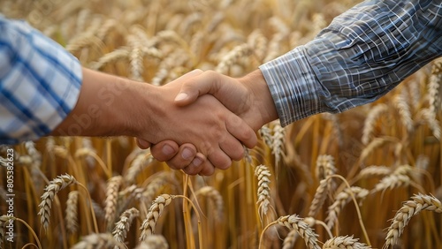 Two farmers forming an agricultural partnership in a wheat field. Concept Agricultural Partnership, Farming Collaboration, Wheat Field, Farmers, Business Agreement