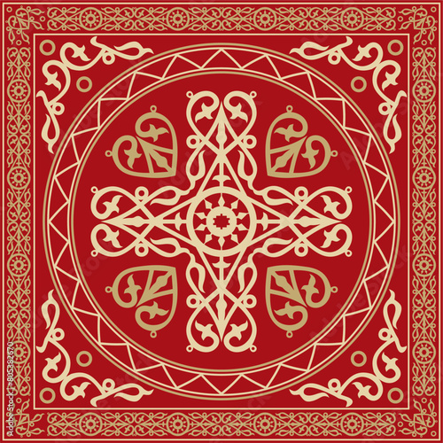 Vector gold and red square Yakut ornament. Infinite rectangle, border, frame of the northern peoples of the Far East.