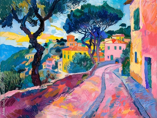 Fototapeta Naklejka Na Ścianę i Meble -  Vibrant Fauvist Landscape of a Mediterranean Village with Colorful Houses and Trees on a Winding Path