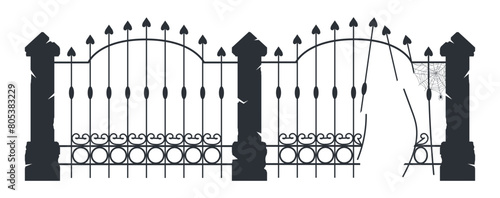 Cemetery gates. Halloween spooky haunted graveyard silhouette, creepy cemetery fence, horror halloween decorations flat vector illustration. Graveyard fence silhouette