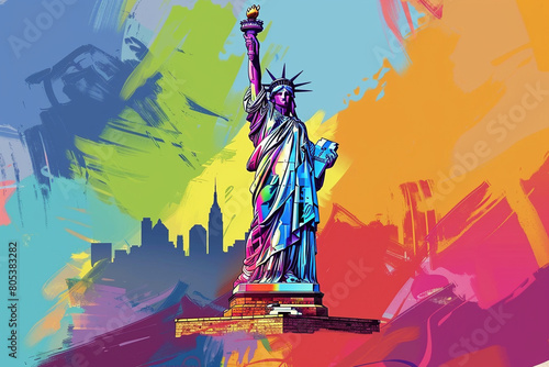 Colorful Modern Artistic Illustration of Statue of Liberty, New York