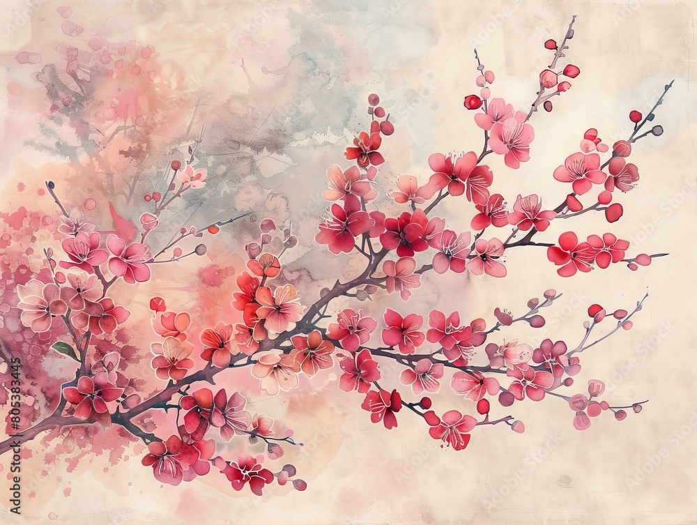 Chinese bush in traditional wash painting style, with a soft pastel background.