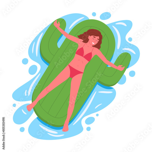 Girl floating on inflatable mattress. Woman swimming on cactus shaped inflatable toy in swimming pool cartoon flat vector illustration. Female character relaxing on green rubber mattress