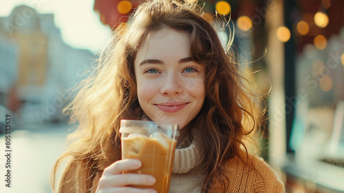 Happy Young Woman Savoring Iced Coffee on Sunny Morning