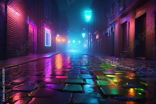 Abstract background vibrant neon hues casting reflections on a wet street in a dark, enigmatic city alley.