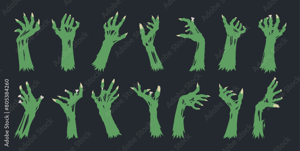 Fototapeta premium Halloween zombie arms. Monsters bony green hands, spooky living dead creepy scrawny hands flat vector illustration set. Horror zombie hands
