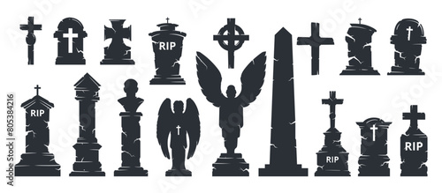 Halloween tombstones silhouettes. Cemetery creepy gravestones, crosses, obelisk and statues, horror halloween grave stones flat cartoon vector illustration set. Cartoon gravestones