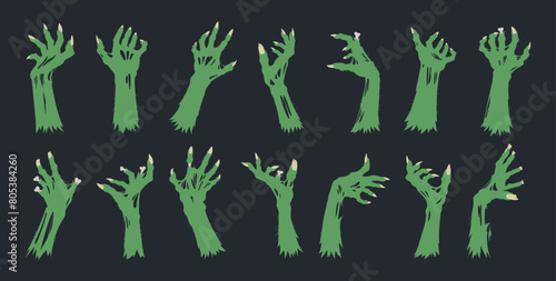 Halloween zombie arms. Monsters bony green hands, spooky living dead creepy scrawny hands flat vector illustration set. Horror zombie hands