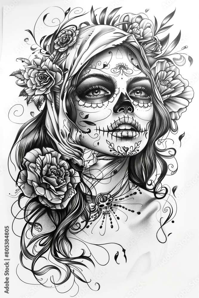 Illustration on white background. Day of the Dead. Vintage. Girl and flowers. Black and white. ai generated