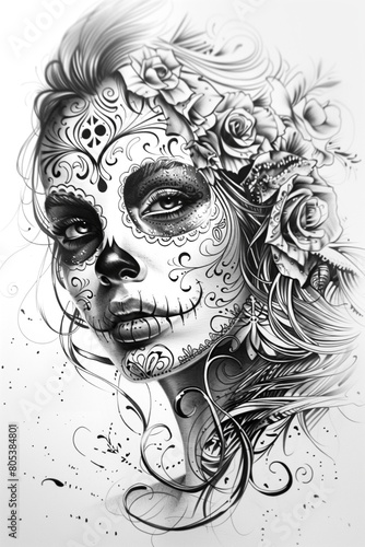 Illustration on white background. Day of the Dead. Vintage. Girl and flowers. Black and white. ai generated