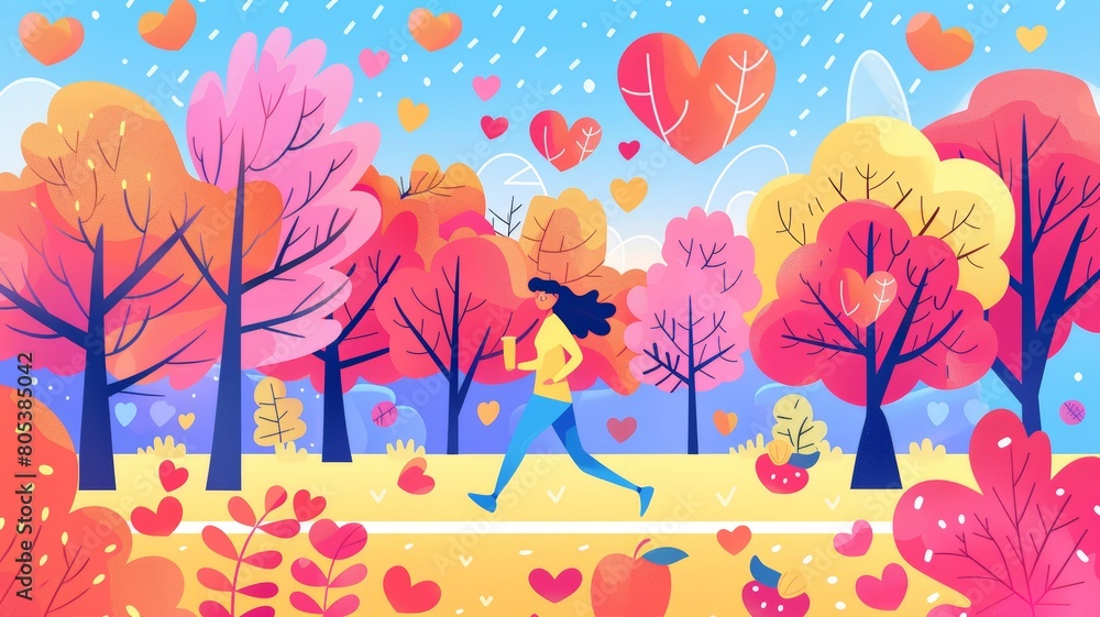 The image shows a happy young woman running through a park on a sunny day World Heart Concept