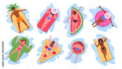 People on inflatable rings. Male and female characters floating on rubber rings or mattresses in swimming pool or sea flat vector illustration set. Cartoon people sunbathing on inflatable toys