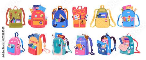 School backpacks. Cartoon kids schoolbags with books and stationery, students backpack for school supplies and notebooks flat vector illustration set. Childish various school bags collection