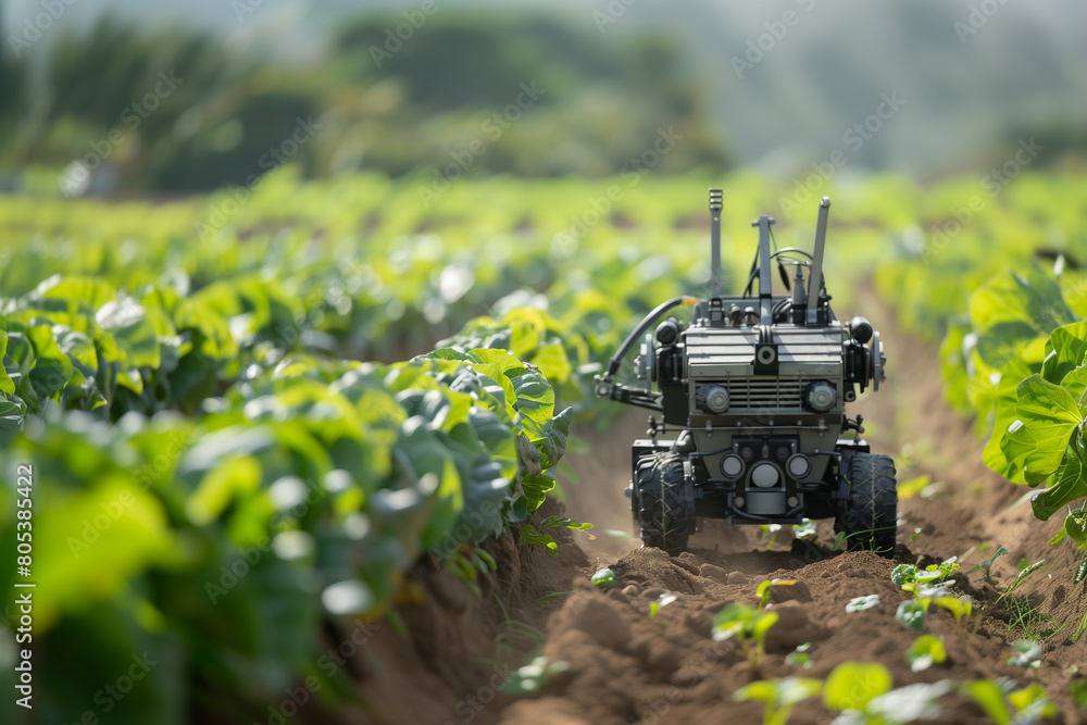 A small robot eliminates weeds that grow in the vegetable garden. Generative AI A small robot eliminates weeds that grow in the vegetable garden. Generative AI