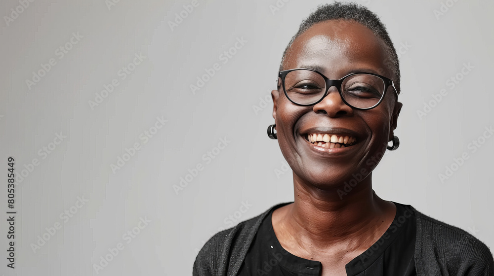 Fototapeta premium A woman with glasses is smiling and has her mouth open