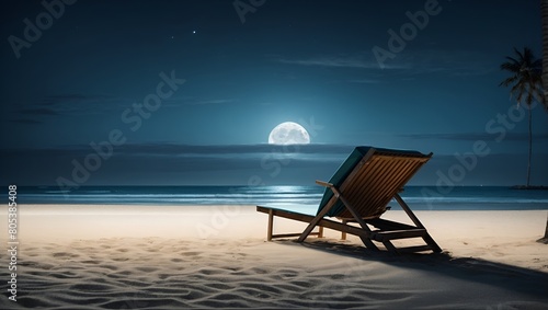minimalistic vector portrayal of a tranquil beach at night, with moonlight casting a soft glow on the sand, and a solitary beach chair facing the ocean. moonlit beach blues, sandy © Nature Creative