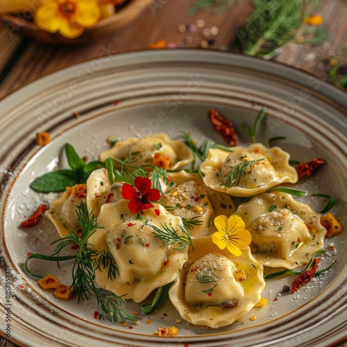 Rye ravioli with cheese, nasturtium flowers, tortellini with herbs, dried tomatoes top view photo