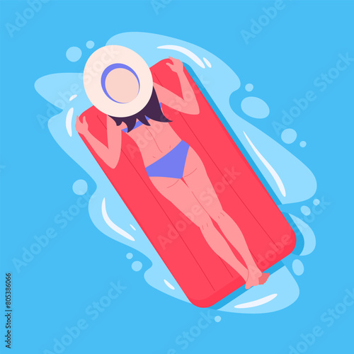 Woman floating on inflatable mattress. Girl swimming and relaxing on rubber mattress in swimming pool flat vector illustration. Cartoon female character relaxing in pool